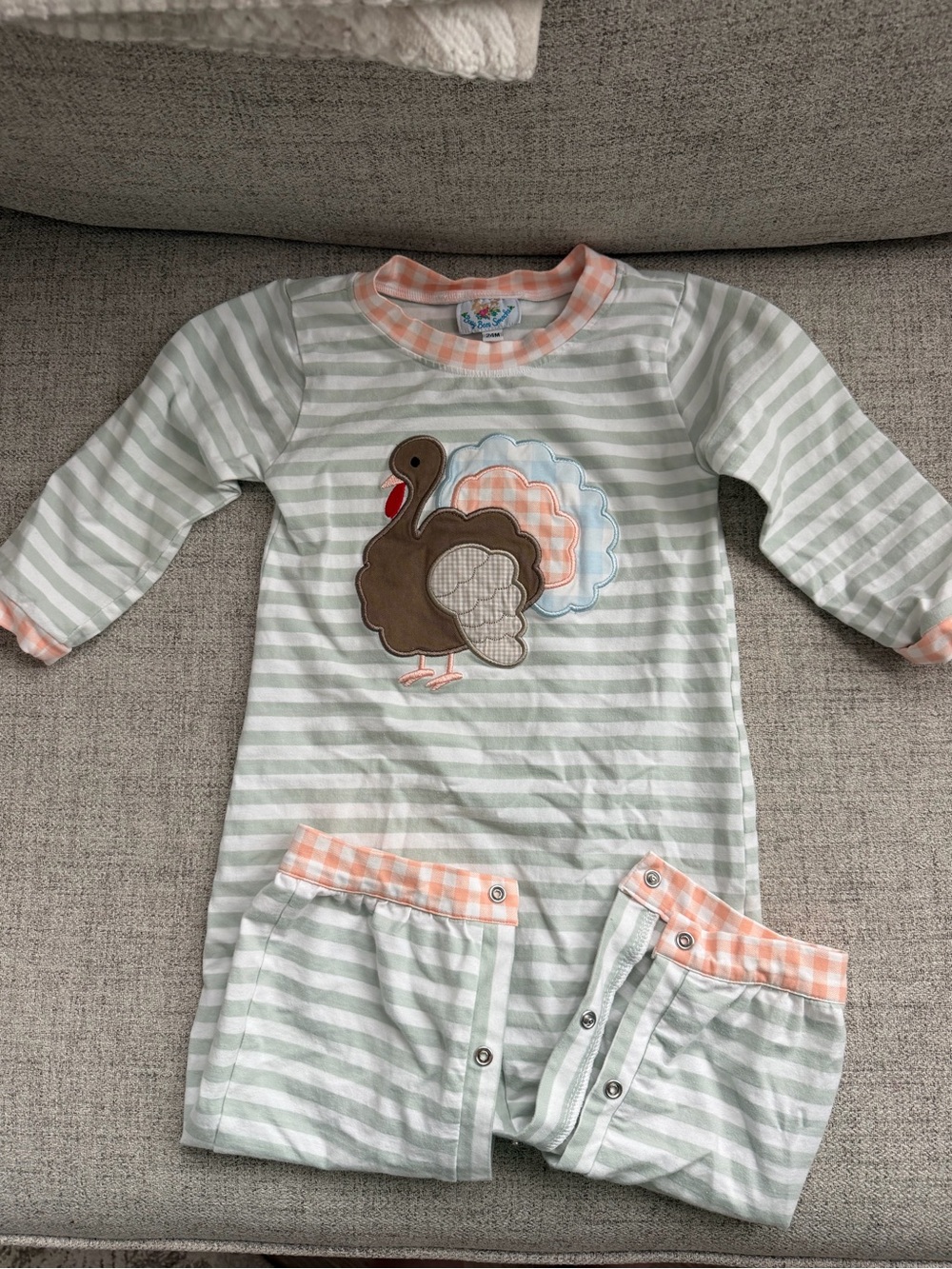 Green & Peach Striped Kids Turkey One-Piece Pajama Set